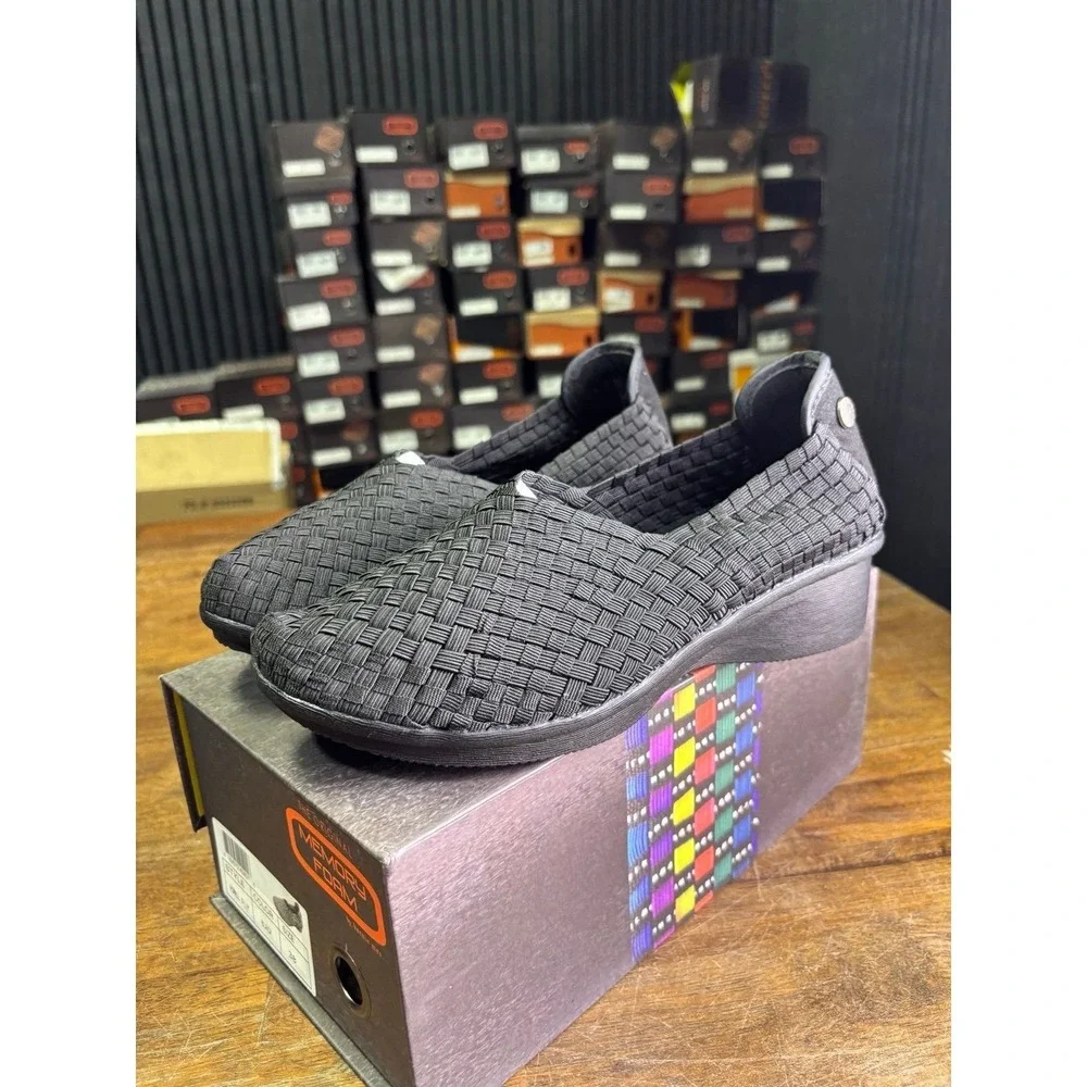 Bernie Mev Yael Fly Black Woven Elastic Wedge Shoes Size 38 US 7.5-8
